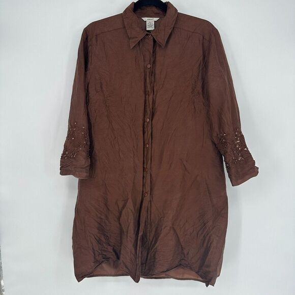Vintage Edward Womens 100% Silk Button Up Tunic Shirt Size 12 Sequins Lagenlook - Picture 1 of 12